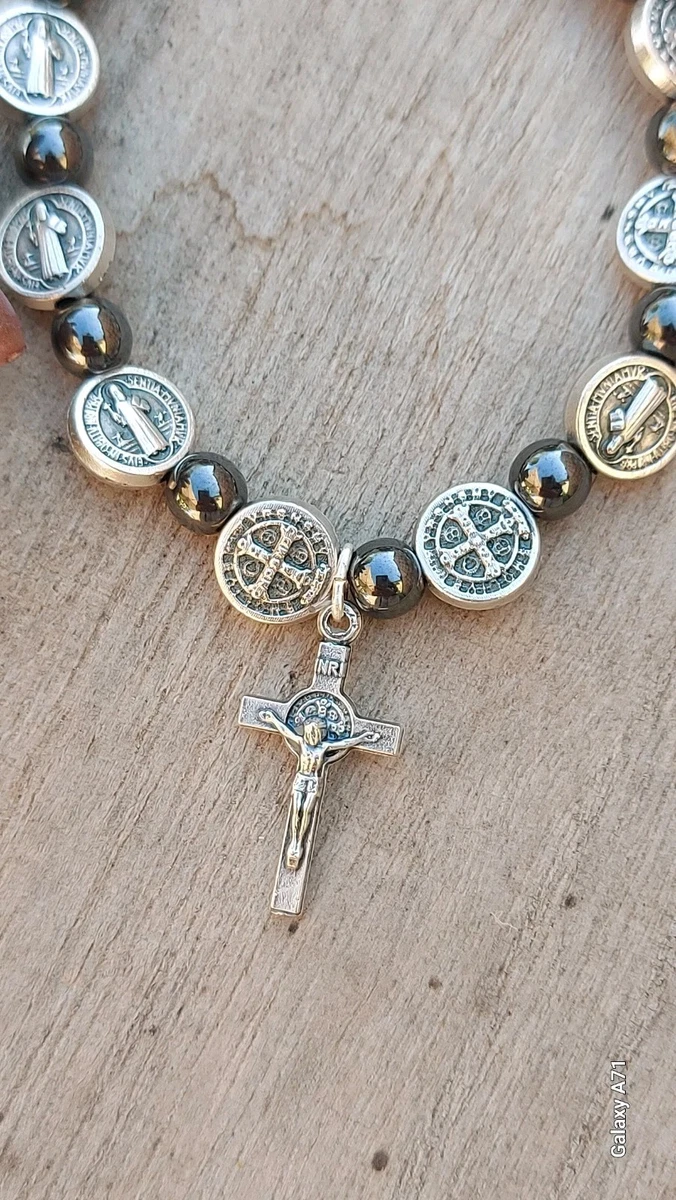 Bracciale San Benedetto Da Nursia In Acciaio Inox | Gioiello Religioso Cattolico, Amuleto Di Protezione, Aperto E Regolabile, Larghezza 22,4 Mm