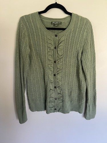 Eddie Bauer Sweater Womens Cardigan Cable Knot Green Ruffle Medium 90s Button Up - Picture 2 of 7