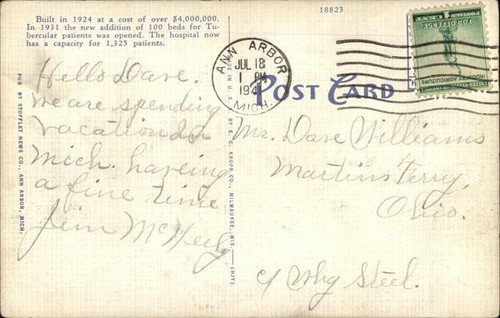 Ann Arbor,MI University of Michigan Hospital,with new addition 1941 Postcard - Picture 2 of 2