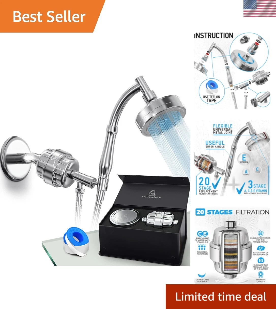 Filtered Handheld Shower Head & 20 Stage Shower Filter - Standard - Chrome