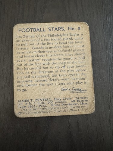 1935 National Chicle #8 JIM ZYNTELL Philadelphia Eagles Rookie RC (Read) - Picture 2 of 7