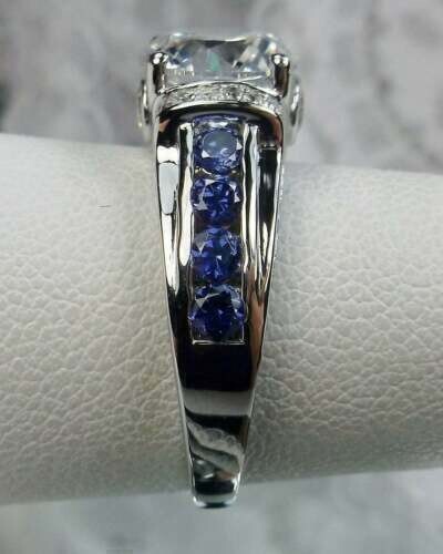 3ct Round Lab Created Diamond Blue Sapphire Wedding Ring 14K White Gold Plated - Picture 3 of 7