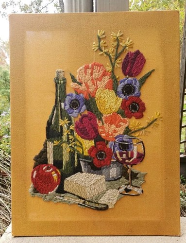 Vintage 70er Retro Crewel Stickerei Wandbehang bunt 24" x 18" - Bild 1 von 8