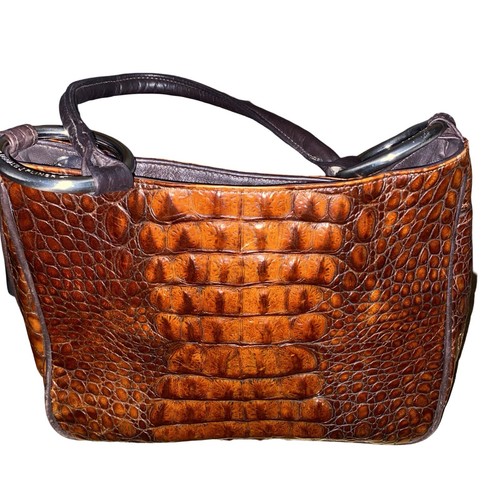 Vintage Donald J Pliner Brownish Gold Croc Shoulder Bag Silver Hardware - Picture 3 of 11