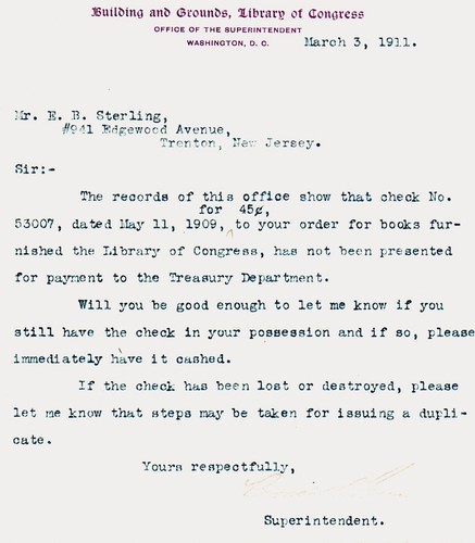 1911 D.C. ODDITY! US LIBRARY of CONGRESS LETTER re: UNCASHED 45c CHECK FOR BOOKS - Picture 2 of 2