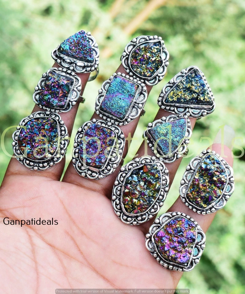 Lote al por mayor de anillos de piedras preciosas druzy de titanio anillos enchapados en plata 925 joyas Foto 2 de 3