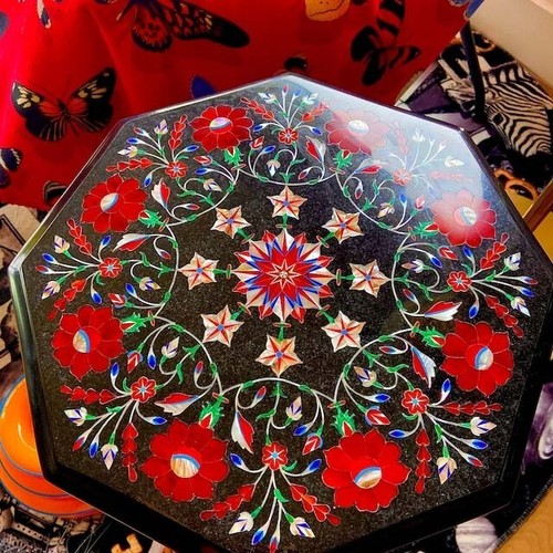 24" Black Marble Coffee Table Top Carnelian and Lapis Stone Marquetry Floral Dec - Picture 6 of 9