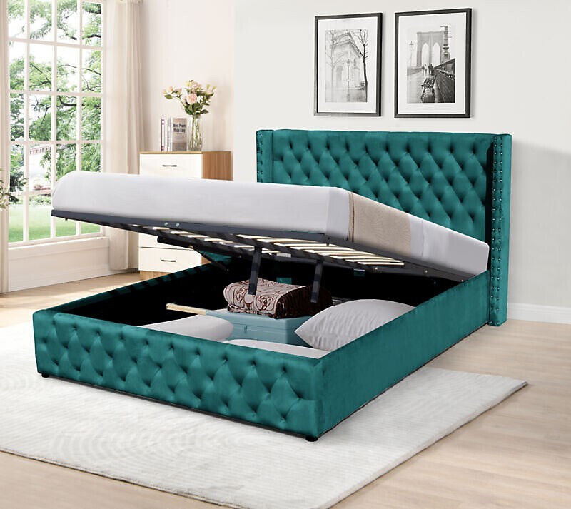 Designer Plush Velvet Bed With/Without Ottoman Gaslift Storage.