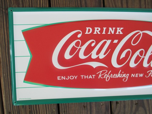 Coca-Cola Stahl Retro Werbeschild Arciform Fischschwanz horizontal mit Flasche - Bild 8 von 9