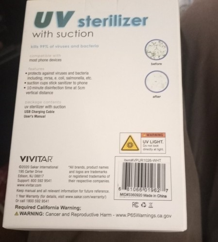 Vivitar UV Phone Sterilizer Portable with Suction Cups NWT New PUR1026-WHT  - 第 4/7 張圖片