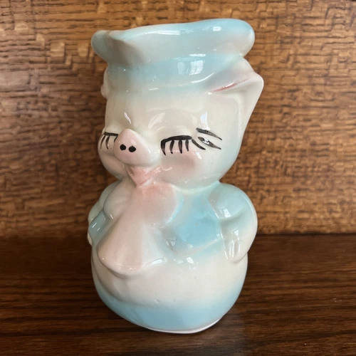 Vintage 50s Pig Ceramic Pink & Blue Creamer Pitcher Decor - Kitsch