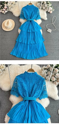 Womens Short-sleeved Stand-up Collar Lace Splicing A-line Pleated Cake Dresses - 第 20/30 張圖片