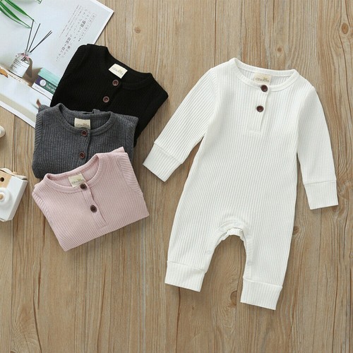 Newborn Baby Boy Girls Knit Long Sleeve Solid Romper Jumpsuit Clothes Outfit Set - Picture 2 of 14