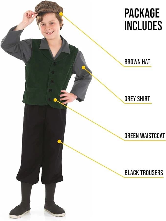 Disfraz Campesino Victoriano Niños M-XL Pobre Erizo Escuela Niño Vestido Elegante Halloween Foto 3 de 4