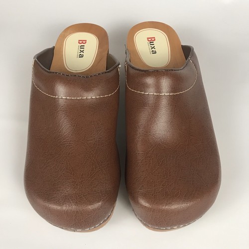 BUXA Wooden Swedish Clogs - Womens Size EU 43 US 11.5-12 - Brown Leather/Wood - Picture 2 of 11