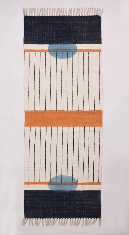 Blue Stripes Cotton Area Rug, Indian Home Decorative Geometric Pattern Dhurries - Image 2 of 4