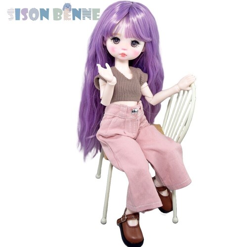 Poupée BJD Faite À La Main 12 Pouces 30Cm Set Complet Yeux Bruns Cheveux Violets - Imagen 22 de 24