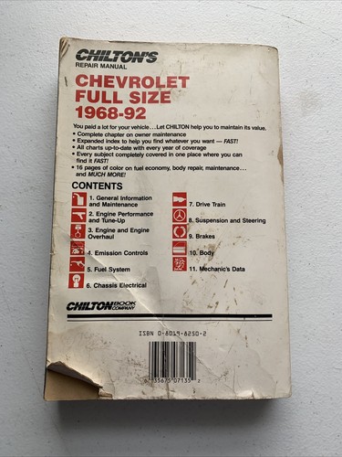 Vintage Chilton's 1968 - 1992 Chevrolet Full Size Repair Manual- Acceptable Cond - Imagen 5 de 7