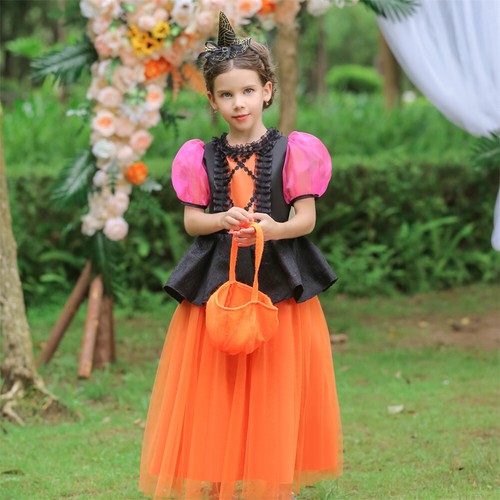Kids Girls Princess Dress Headband Set Halloween Cosplay Party Pumpkin Costumes - Picture 23 of 30