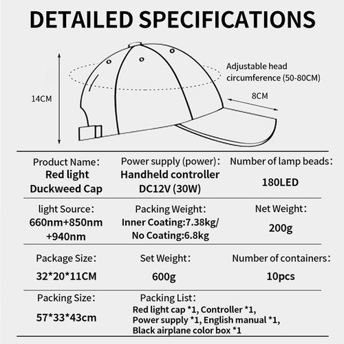 180 LED Luz Roja 660nm/940nm Luz Roja Terapia Sombrero Gorra Tratamiento Pérdida de Cabello - Imagen 9 de 18