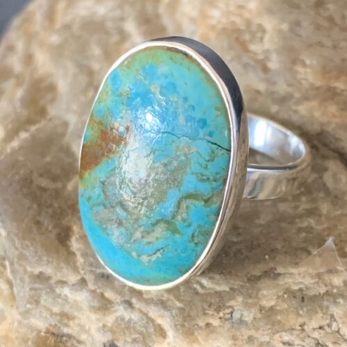 Blue Kingman Turquoise Navajo Sterling Silver Ring Size 8 Adjustable 12795 - Picture 2 of 12