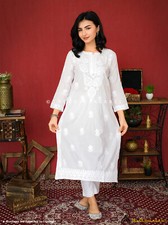 White Cotton Chikankari Straight Kurti Lucknow Chikankari Handmade Kurti