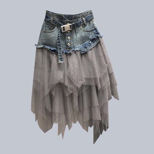 2024 Lady Denim Mesh#Splice Skirt High Waist Asymmetric Frill Tulle#Gothic Skirt - Picture 5 of 10