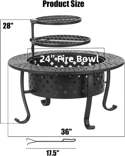 Outdoor Wood Burning Fire Pit With 2 Grills Backyard Patio Garden Round 36 Inch - Picture 2 of 9
