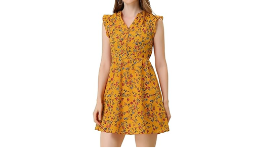 Allegra K Women Flutter Sleeve Ruffle A-Line Flowy Chiffon Dress Medium Yellow M - Picture 4 of 5