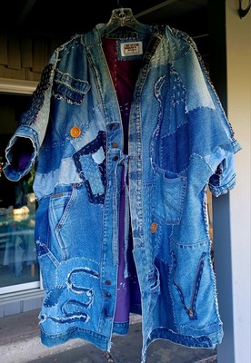Upcycled  Denim  Patchwork Jacket with Inspired Boro Stitching.    Buttons, ties