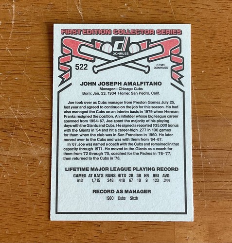 Tarjeta de béisbol Donruss 1981 autógrafo firmado por Joe Amalfitano Chicago Cubs - Imagen 2 de 2