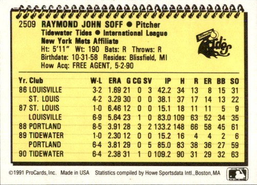 1991 Tidewater Tides ProCards 2509 Ray Soff Blissfield Michigan MI Baseball Card - Picture 2 of 2
