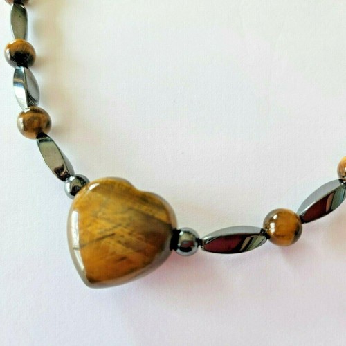 Collar Colgante Corazón Ojo de Tigre Cierre Magnético Hematita Redondo Cuentas Oblongas - Imagen 2 de 10