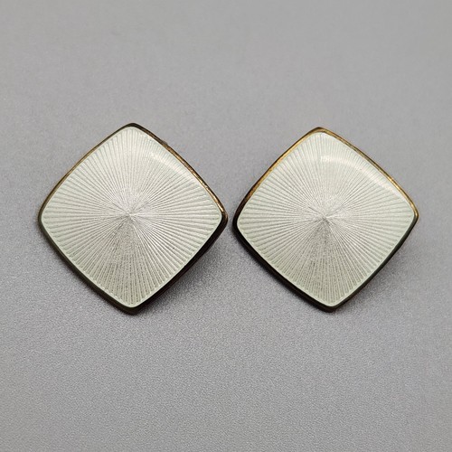 Vtg Opro White Guilloche Earrings Sterling Silver Norway Clip-On Gold Gilt 925