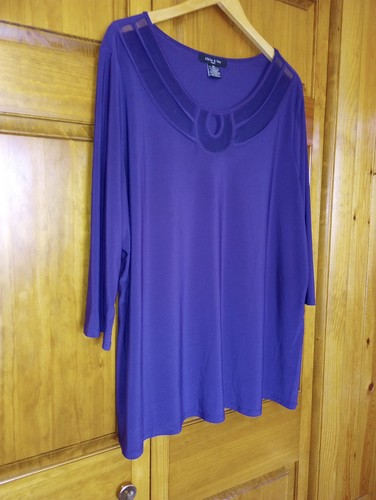 Adele & May Woman 3X Dark Purple sheer neckline top IRL msrmts below long sleeve - Picture 2 of 24