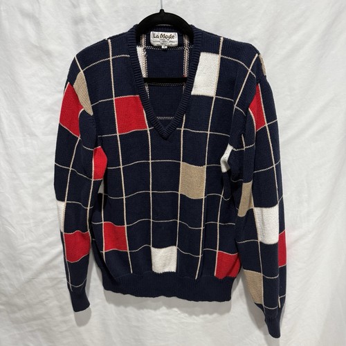 La Mode Vintage Baumwollpullover Fensterscheibe Gitter geometrisch Colorblock V-Ausschnitt Medium - Bild 2 von 17