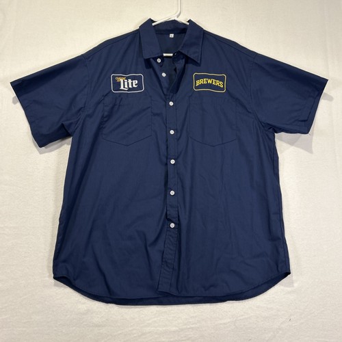 Milwaukee Brewers Miller Lite Blue Button Up Short Sleeve Shirt Size XL - Picture 2 of 7
