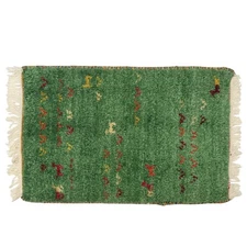 Vintage Green Wool Rug Tribal Animal Motifs Fringed SMALL 24x16 in.