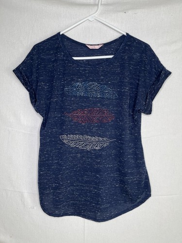 SJS Damen T-Shirt M rot weiß blau Federn Nieten Strass Oberteil süß