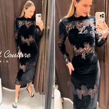 ZARA WOMAN NWT FW25 BLACK VELVET LACE DRESS ALL SIZES 2157/244/800