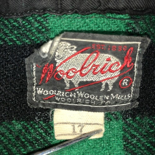 Vintage 40s 50s Woolrich Plaid Flannel Shirt Size 17 Green Wool Buffalo Plaid - Picture 3 of 10
