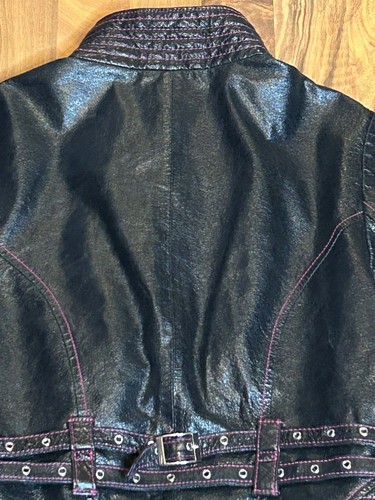 XOXO Womens Medium Leather Jacket Coat Zip Up Burgundy Lined Stitching Mock Neck - Picture 11 of 20