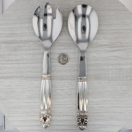 Georg Jensen Denmark Acorn Salad Spoon Fork Set Sterling Silver Stainless Steel - Picture 7 of 8
