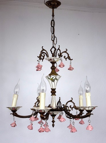 Hochwertige Spanische Antik Messing Porzellan Kronleuchter, Lüster 5 Flammig - Bild 9 von 17