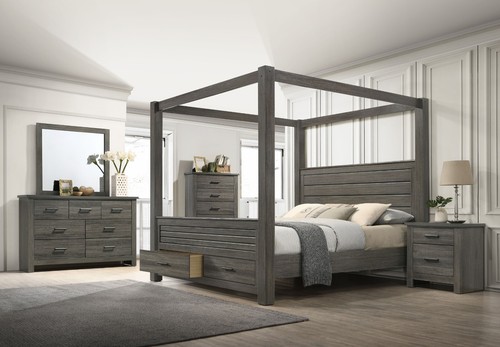 3Pc Gray King Canopy Bed Chest Nightstand Set Storage Footboard Solid Wood - Picture 5 of 5