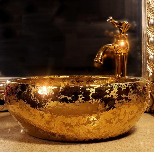 Vasca bagno lavandino lusso ceramica dipinta oro lucido vanità - Foto 3 di 5