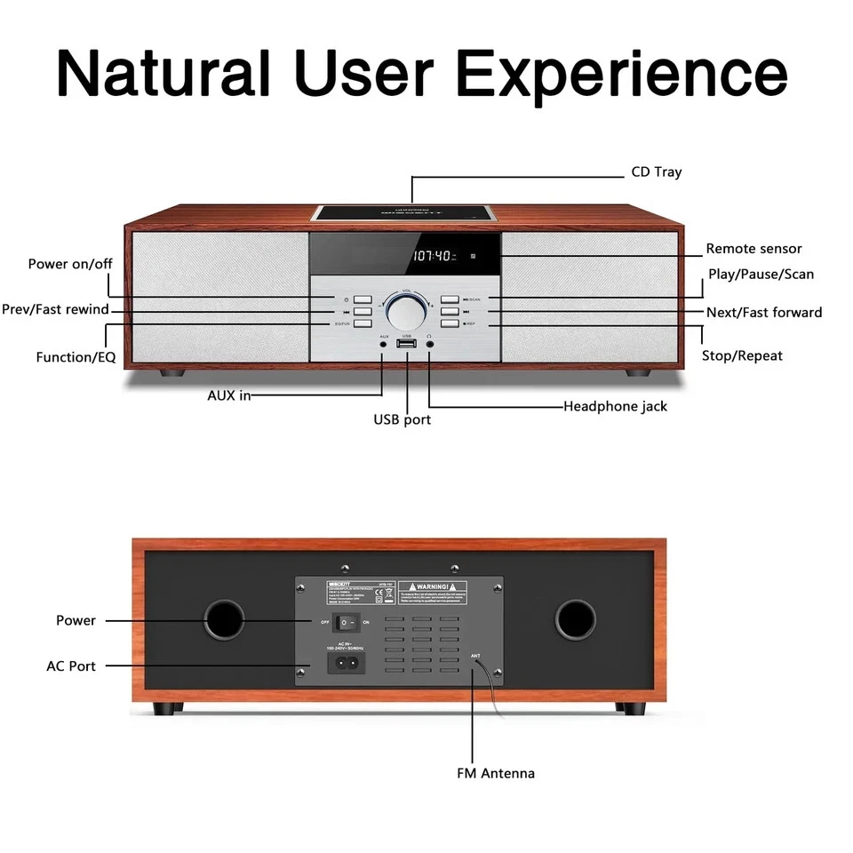 Nostalgische Bluetooth Stereoanlage für Zuhause, Vintage Micro Hifi Anlagen CD Player - Bild 2 von 4