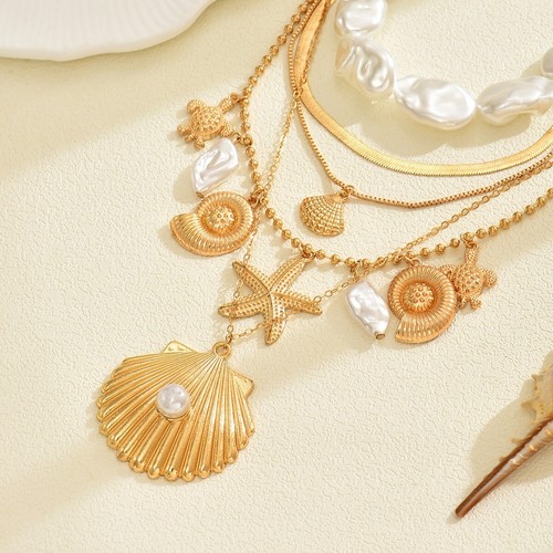 Boho Beach Summer Ocean Layered Necklace Set Women Gold Seashell Starfish Charm - Bild 19 von 20