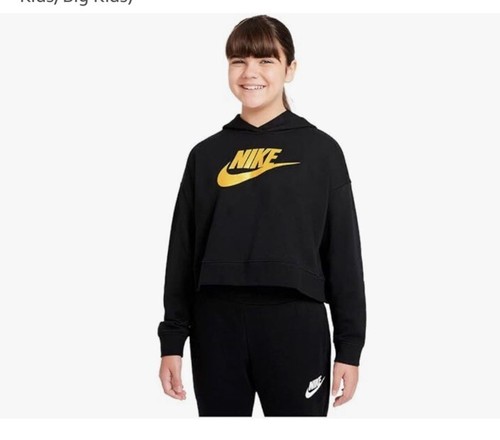 Nike Kids Girl's Sportswear Club Pullover Fleece  Crop Hoodie Black Gold L NWT - Bild 1 von 7