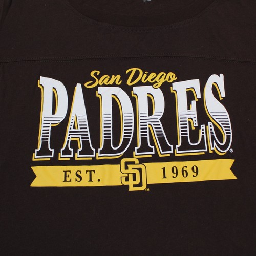 San Diego Padres Shirt Womens Large Brown Yellow Logo New Era Top Striped Adult - Picture 2 of 9